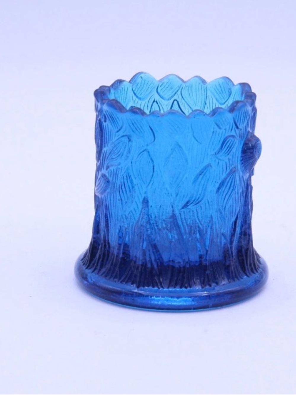 Vintage Blue Glass Toothpick Holder Tree Trunk Floral Votive Candle Holder Decor